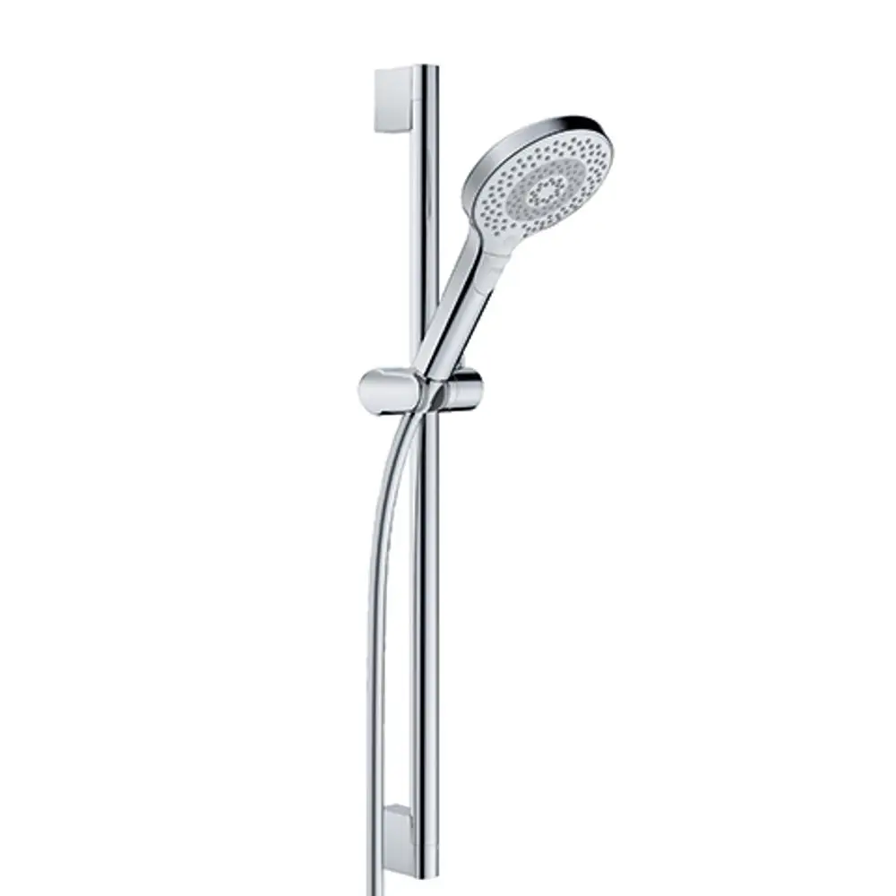 Kludi Duschset mit Handbrause, Halterungen und flexibler Schlauchführung. Das Produkt zeigt eine chromfarbene Oberfläche und einen funktionalen Designansatz.